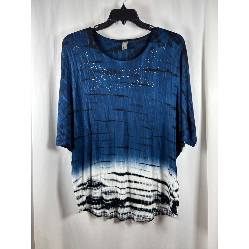 Thomas & Olivia Womens Large Blue Tie Dye Rhinestone Batwing Sleeve Blouse Top